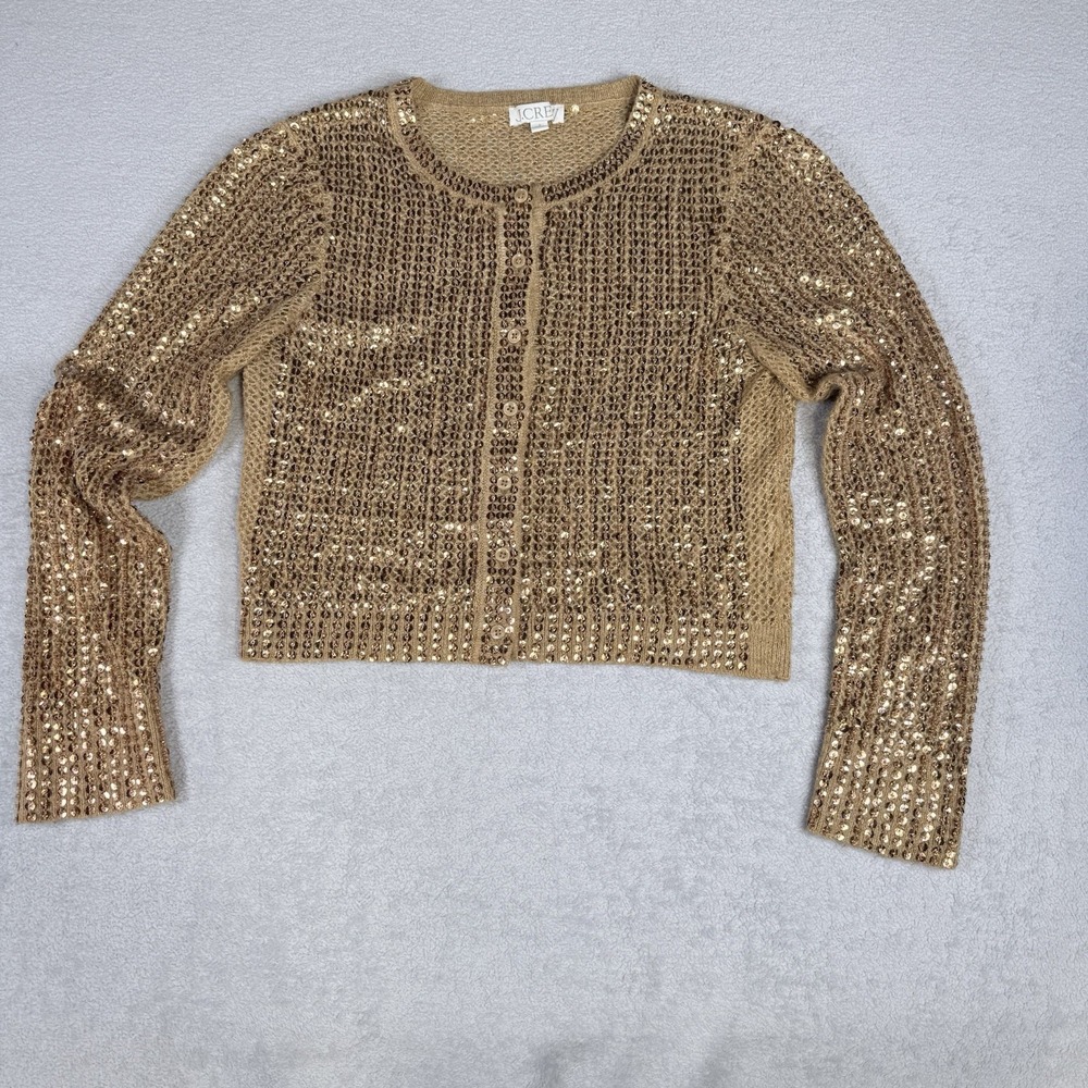 J Crew Gold Sequin Cardigan Sweater Women Small Preppy Long Sleeve Thin Knit